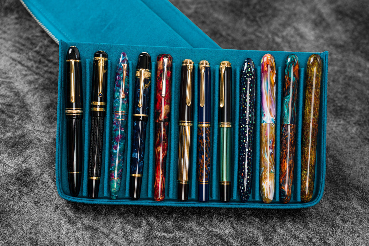 Galen Leather Zippered 12 Slots Magnum Opus Pen Case - Crazy Ocean Blue (with Removable Pen Tray)