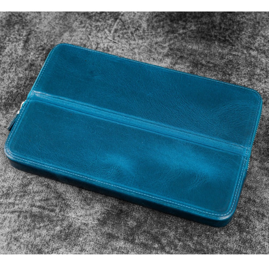 Galen Leather Zippered 12 Slots Magnum Opus Pen Case - Crazy Ocean Blue (with Removable Pen Tray)
