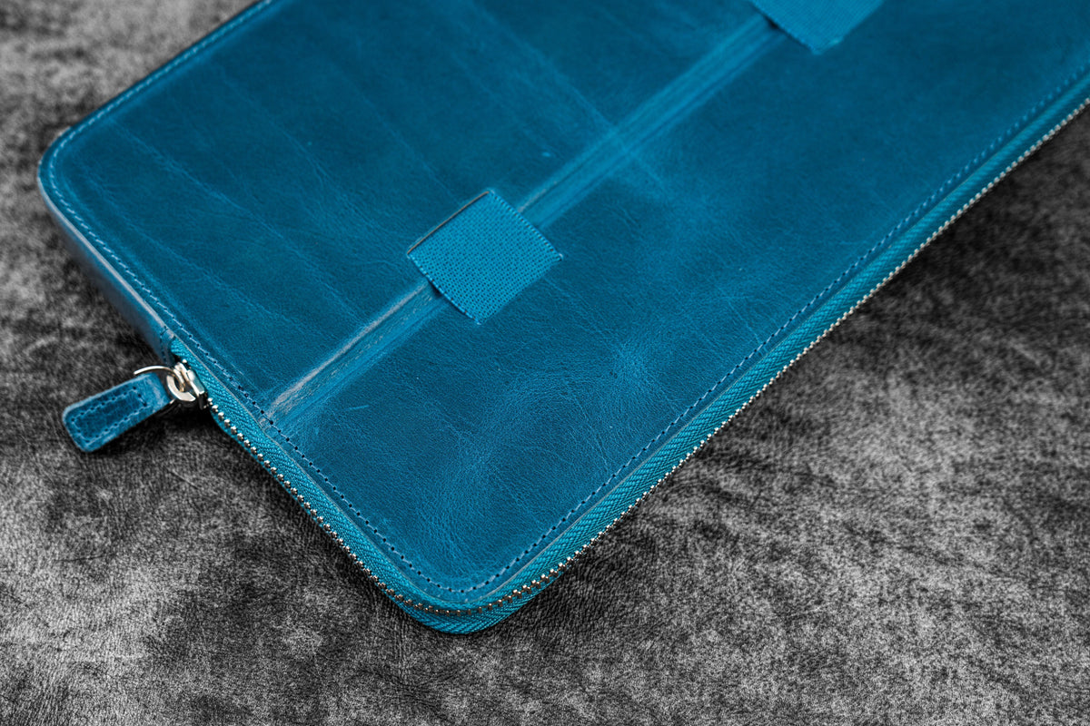 Galen Leather Zippered 12 Slots Magnum Opus Pen Case - Crazy Ocean Blue (with Removable Pen Tray)