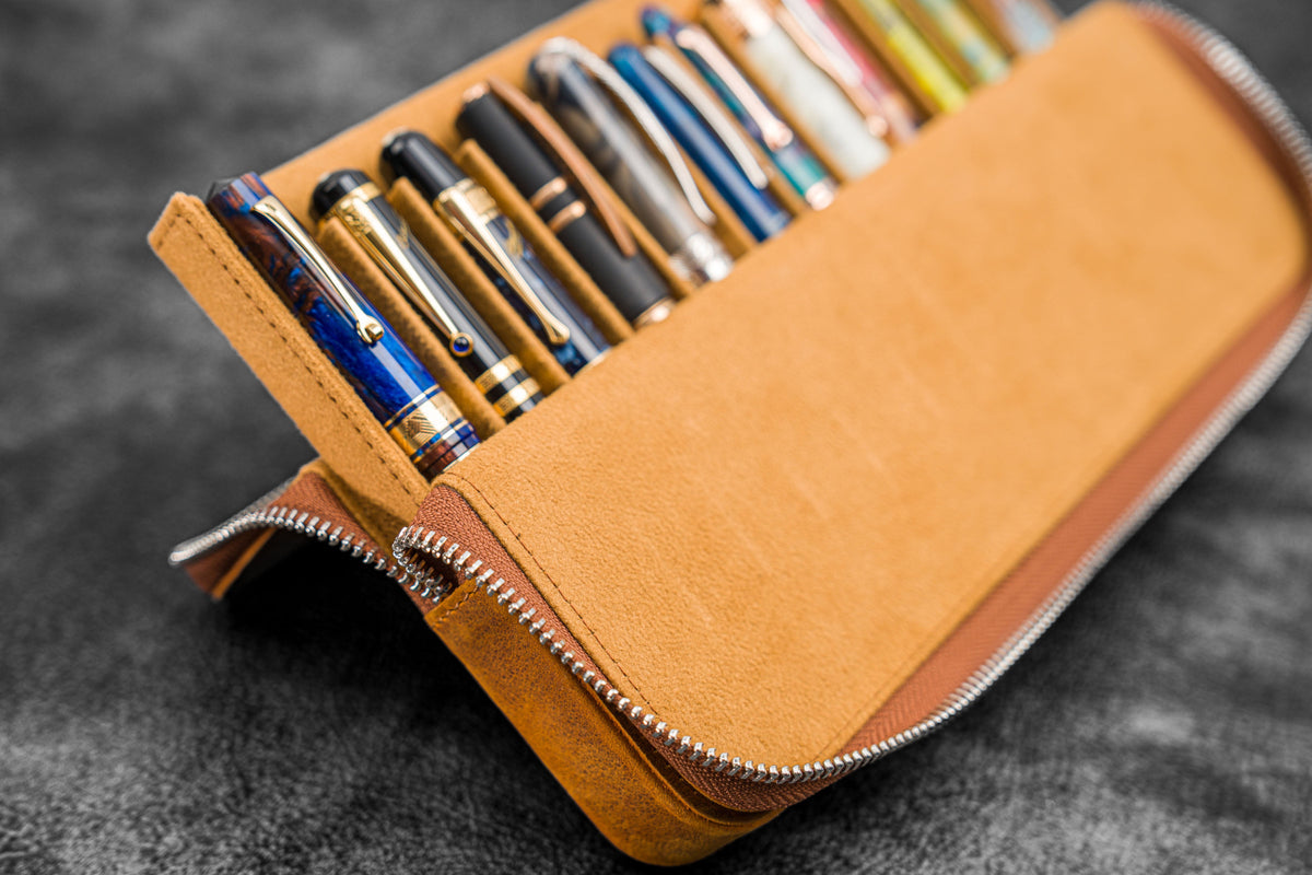 Galen Leather Zippered 12 Slots Magnum Opus Pen Case - Crazy Horse Brown (with Removable Pen Tray)
