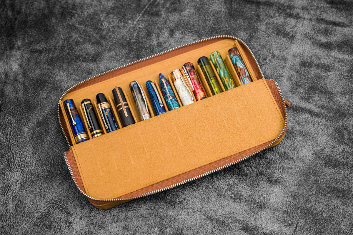Galen Leather Zippered 12 Slots Magnum Opus Pen Case - Crazy Horse Brown (with Removable Pen Tray)