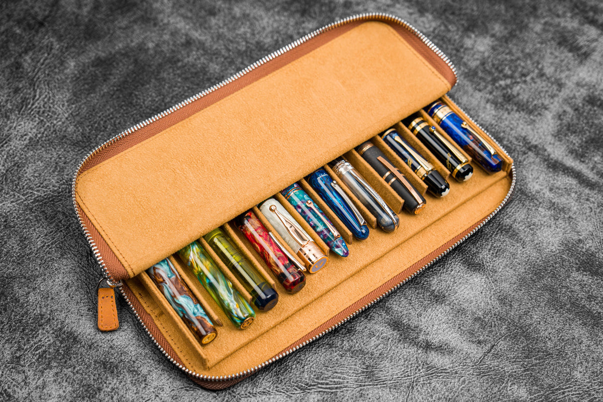 Galen Leather Zippered 12 Slots Magnum Opus Pen Case - Crazy Horse Brown (with Removable Pen Tray)