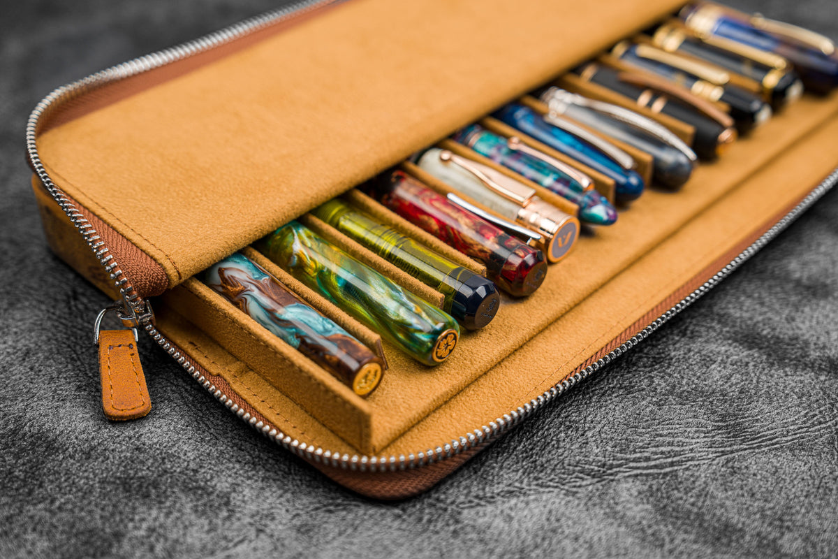 Galen Leather Zippered 12 Slots Magnum Opus Pen Case - Crazy Horse Brown (with Removable Pen Tray)