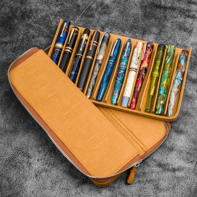 Galen Leather Zippered 12 Slots Magnum Opus Pen Case - Crazy Horse Brown (with Removable Pen Tray)
