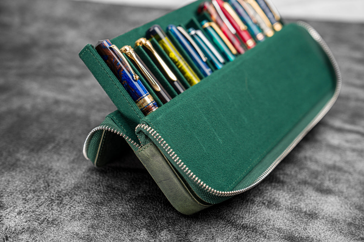 Galen Leather Zippered 12 Slots Magnum Opus Pen Case - Crazy Forest Green (with Removable Pen Tray)