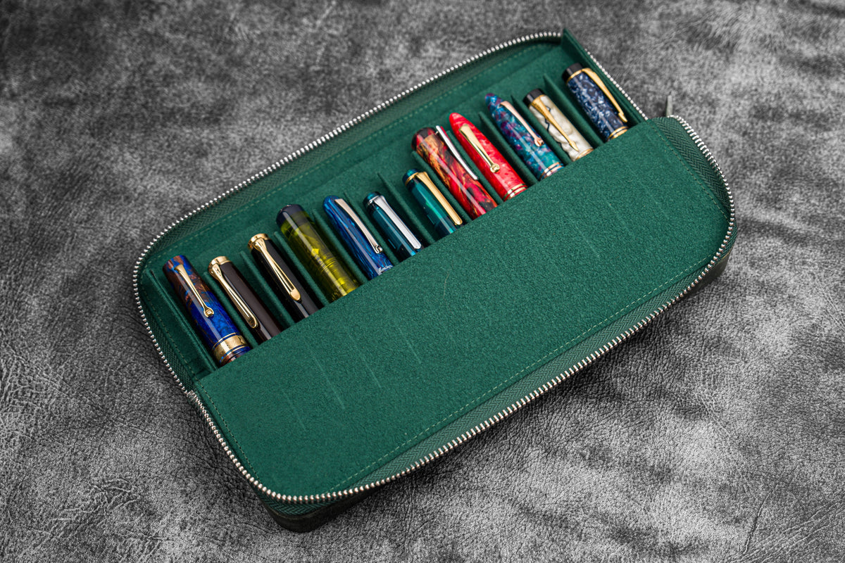 Galen Leather Zippered 12 Slots Magnum Opus Pen Case - Crazy Forest Green (with Removable Pen Tray)