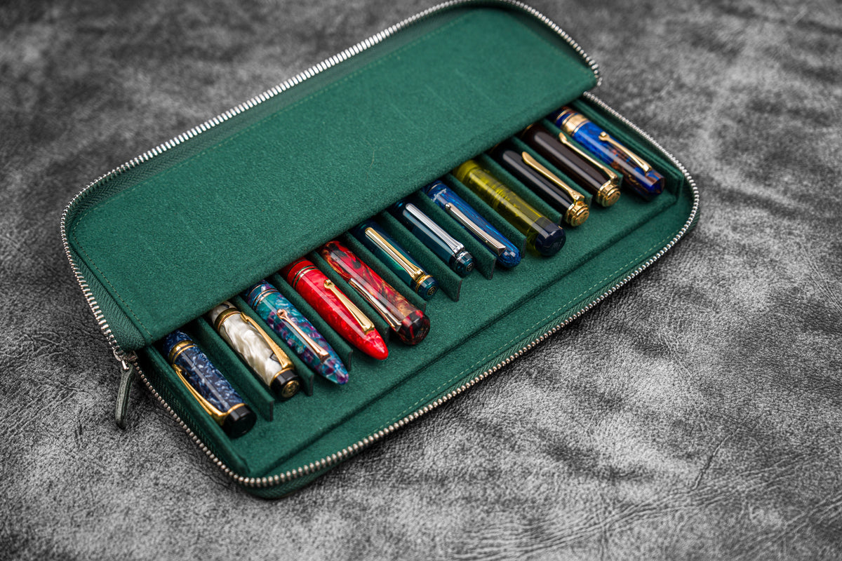 Galen Leather Zippered 12 Slots Magnum Opus Pen Case - Crazy Forest Green (with Removable Pen Tray)