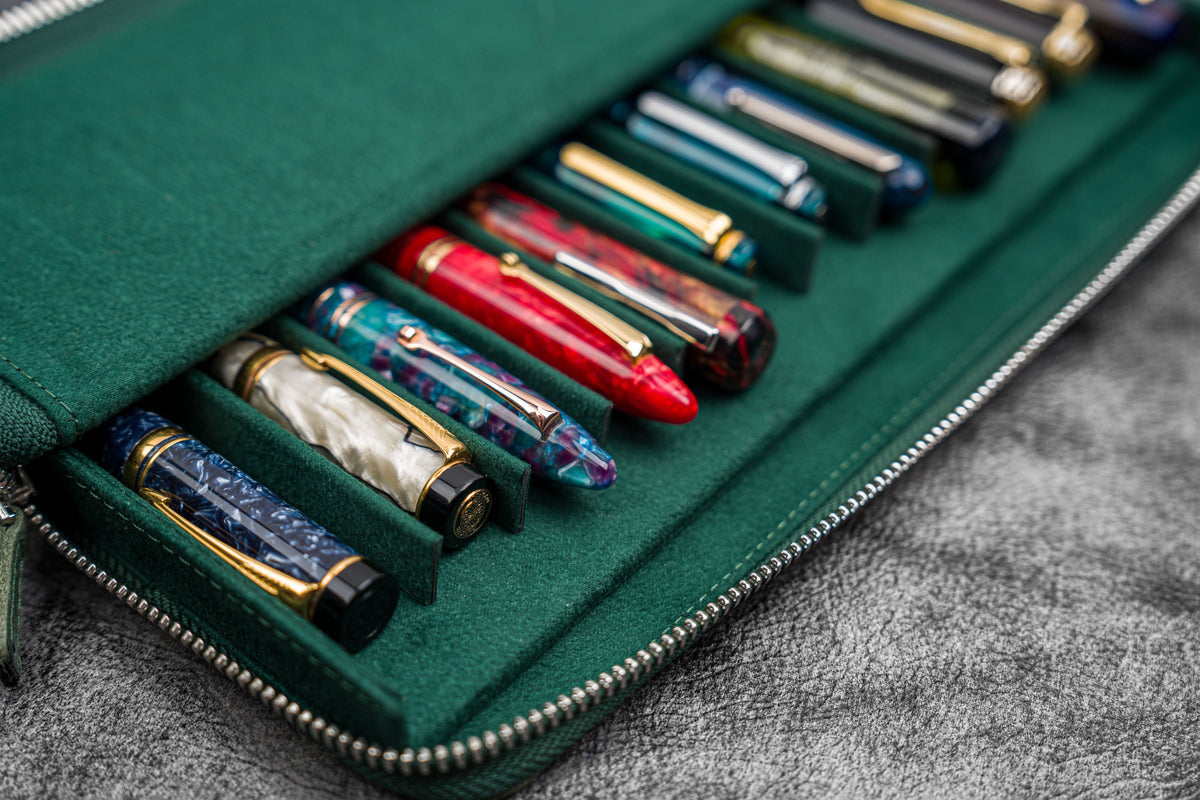 Galen Leather Zippered 12 Slots Magnum Opus Pen Case - Crazy Forest Green (with Removable Pen Tray)