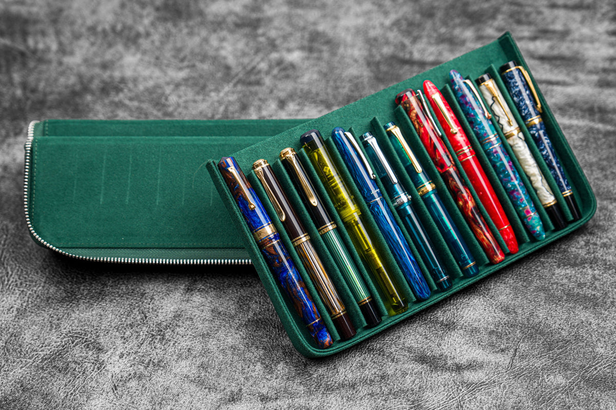 Galen Leather Zippered 12 Slots Magnum Opus Pen Case - Crazy Forest Green (with Removable Pen Tray)