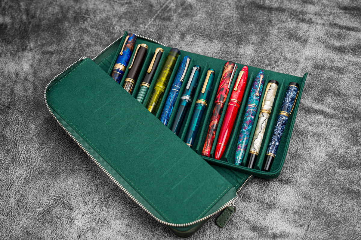 Galen Leather Zippered 12 Slots Magnum Opus Pen Case - Crazy Forest Green (with Removable Pen Tray)