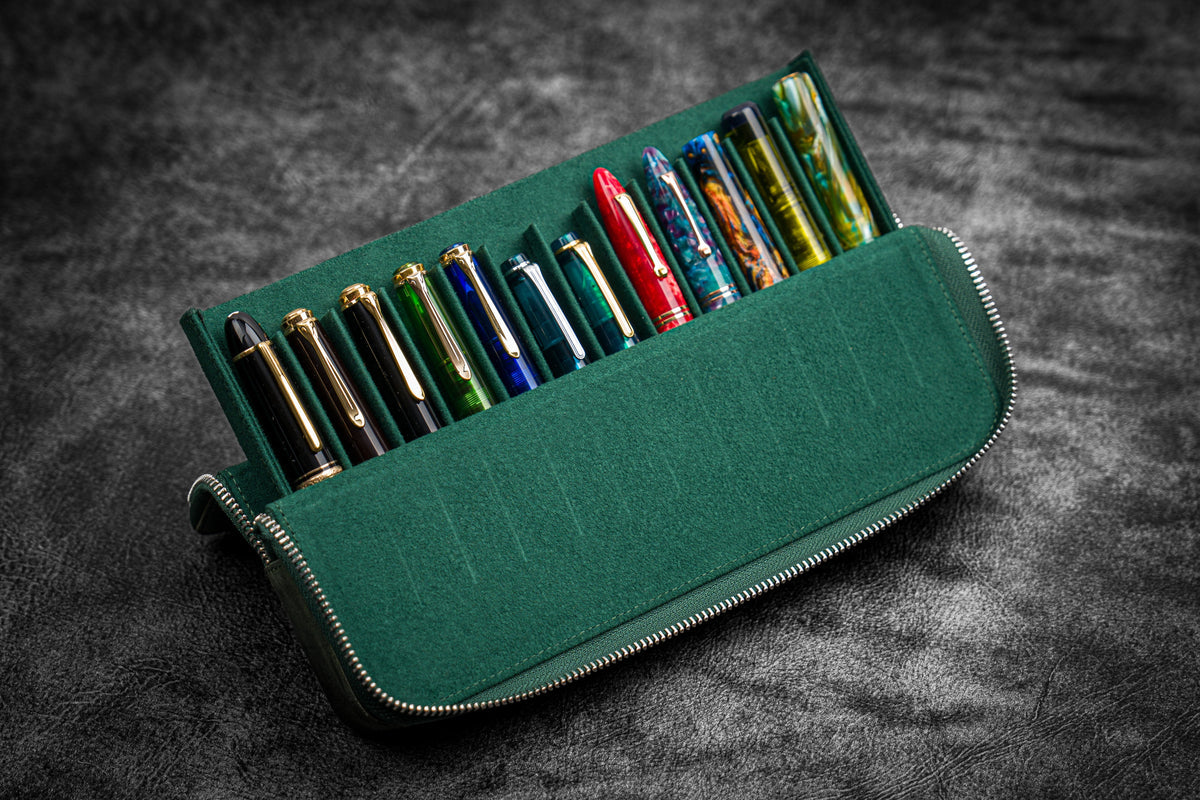 Galen Leather Zippered 12 Slots Magnum Opus Pen Case - Crazy Forest Green (with Removable Pen Tray)
