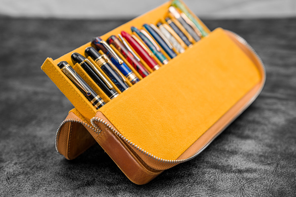 Galen Leather Zippered 12 Slots Magnum Opus Pen Case - Crazy Honey Ochre (with Removable Pen Tray)