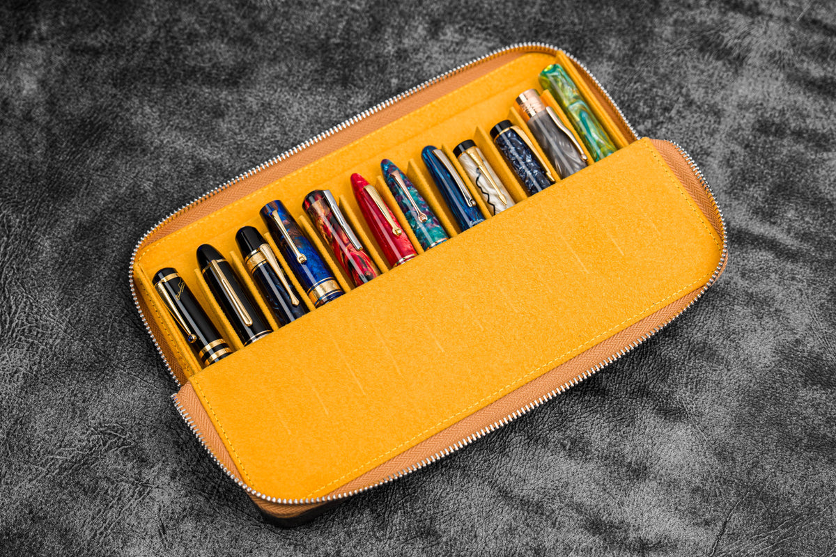 Galen Leather Zippered 12 Slots Magnum Opus Pen Case - Crazy Honey Ochre (with Removable Pen Tray)