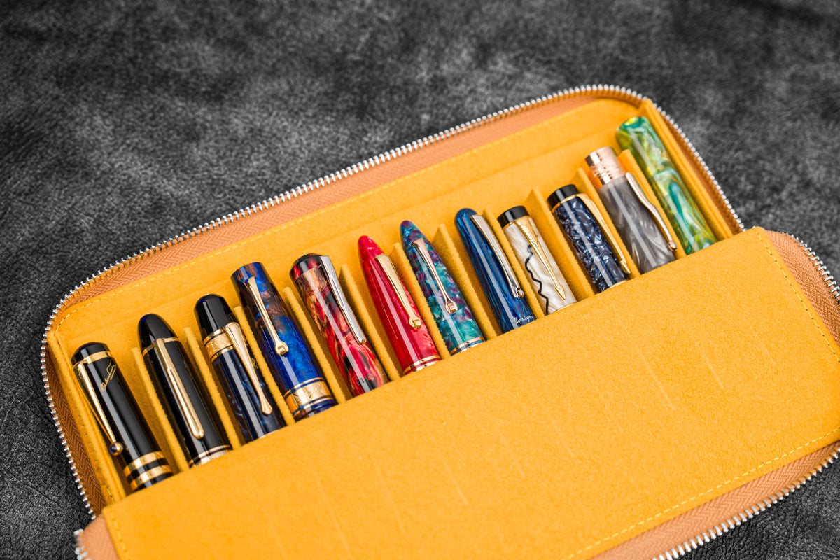 Galen Leather Zippered 12 Slots Magnum Opus Pen Case - Crazy Honey Ochre (with Removable Pen Tray)
