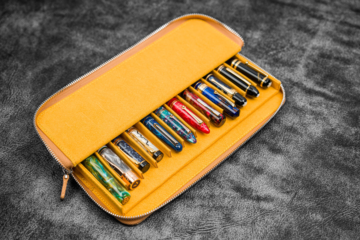 Galen Leather Zippered 12 Slots Magnum Opus Pen Case - Crazy Honey Ochre (with Removable Pen Tray)