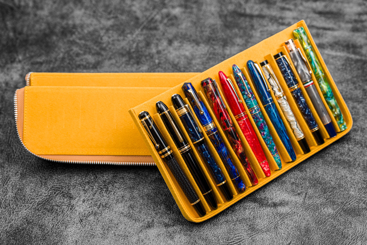 Galen Leather Zippered 12 Slots Magnum Opus Pen Case - Crazy Honey Ochre (with Removable Pen Tray)