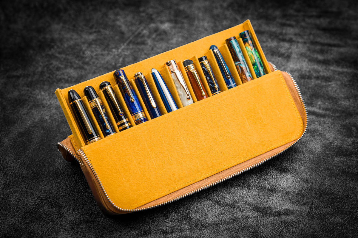 Galen Leather Zippered 12 Slots Magnum Opus Pen Case - Crazy Honey Ochre (with Removable Pen Tray)