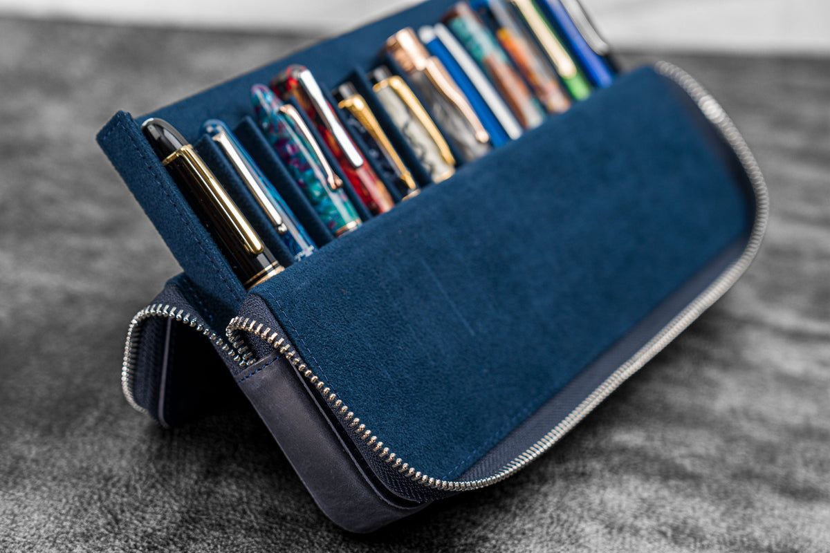 Galen Leather Zippered 12 Slots Magnum Opus Pen Case - Crazy Navy Blue (with Removable Pen Tray)