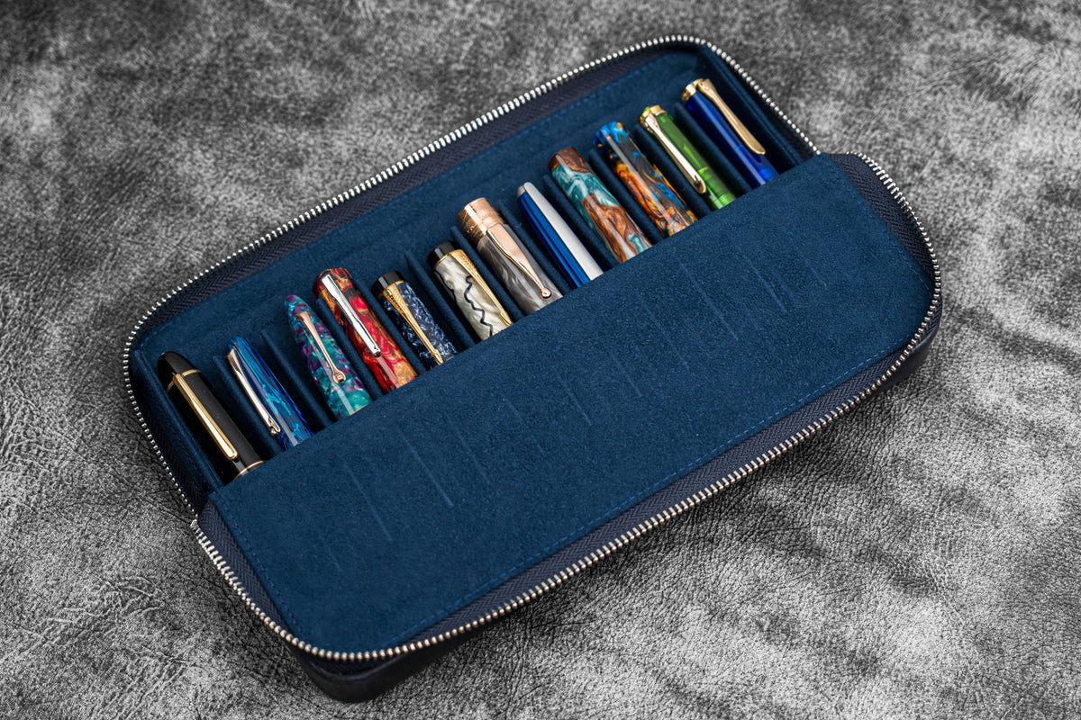 Galen Leather Zippered 12 Slots Magnum Opus Pen Case - Crazy Navy Blue (with Removable Pen Tray)