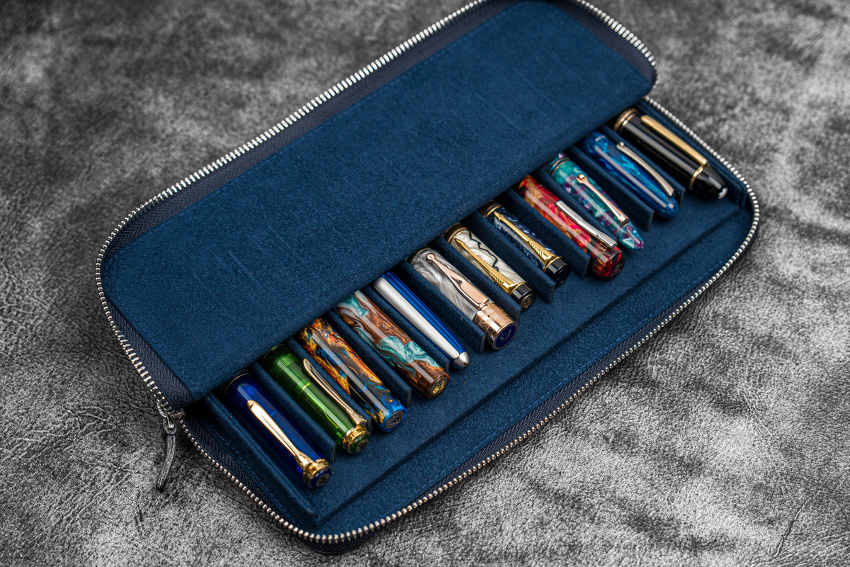 Galen Leather Zippered 12 Slots Magnum Opus Pen Case - Crazy Navy Blue (with Removable Pen Tray)