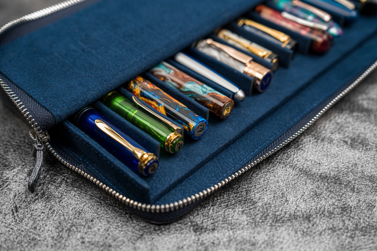 Galen Leather Zippered 12 Slots Magnum Opus Pen Case - Crazy Navy Blue (with Removable Pen Tray)