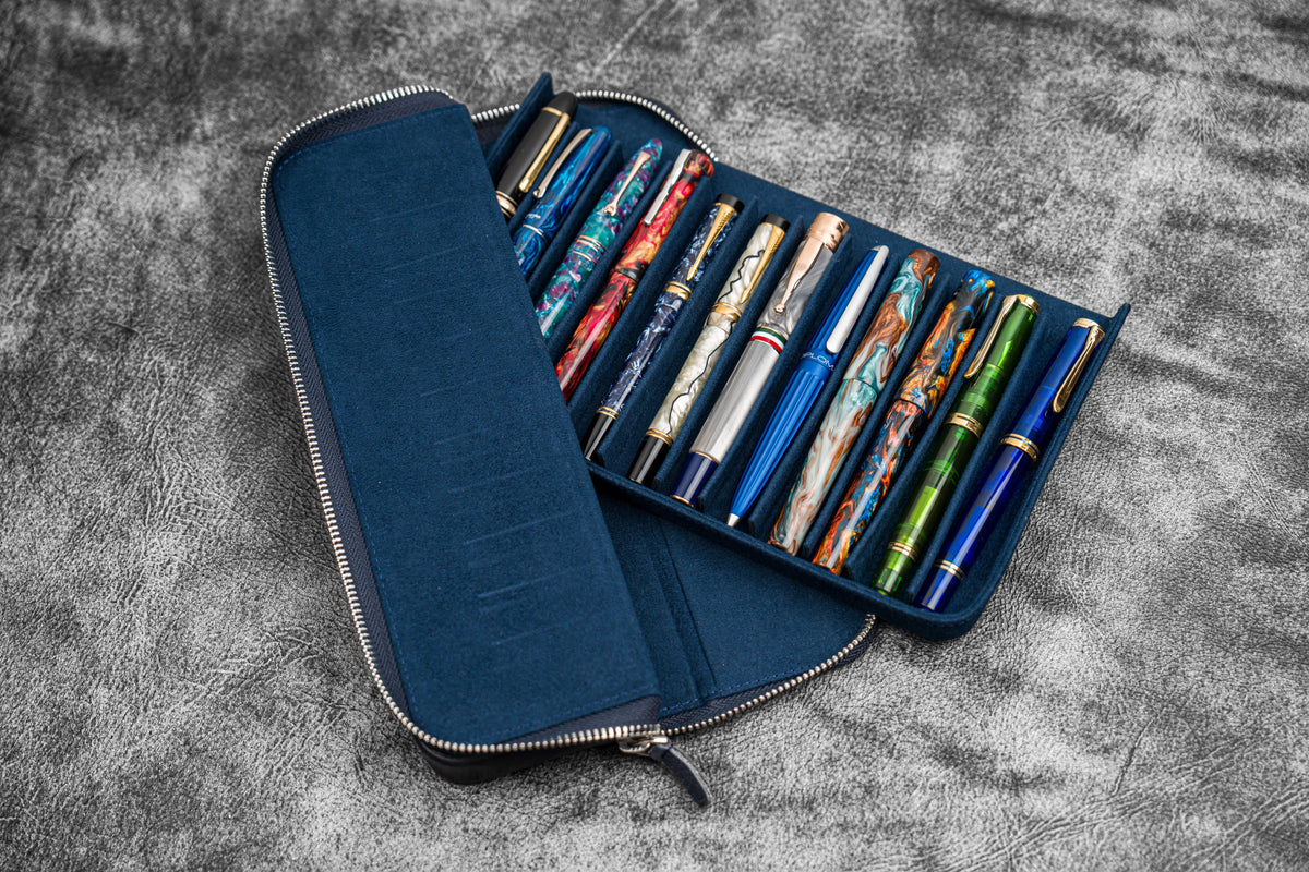 Galen Leather Zippered 12 Slots Magnum Opus Pen Case - Crazy Navy Blue (with Removable Pen Tray)