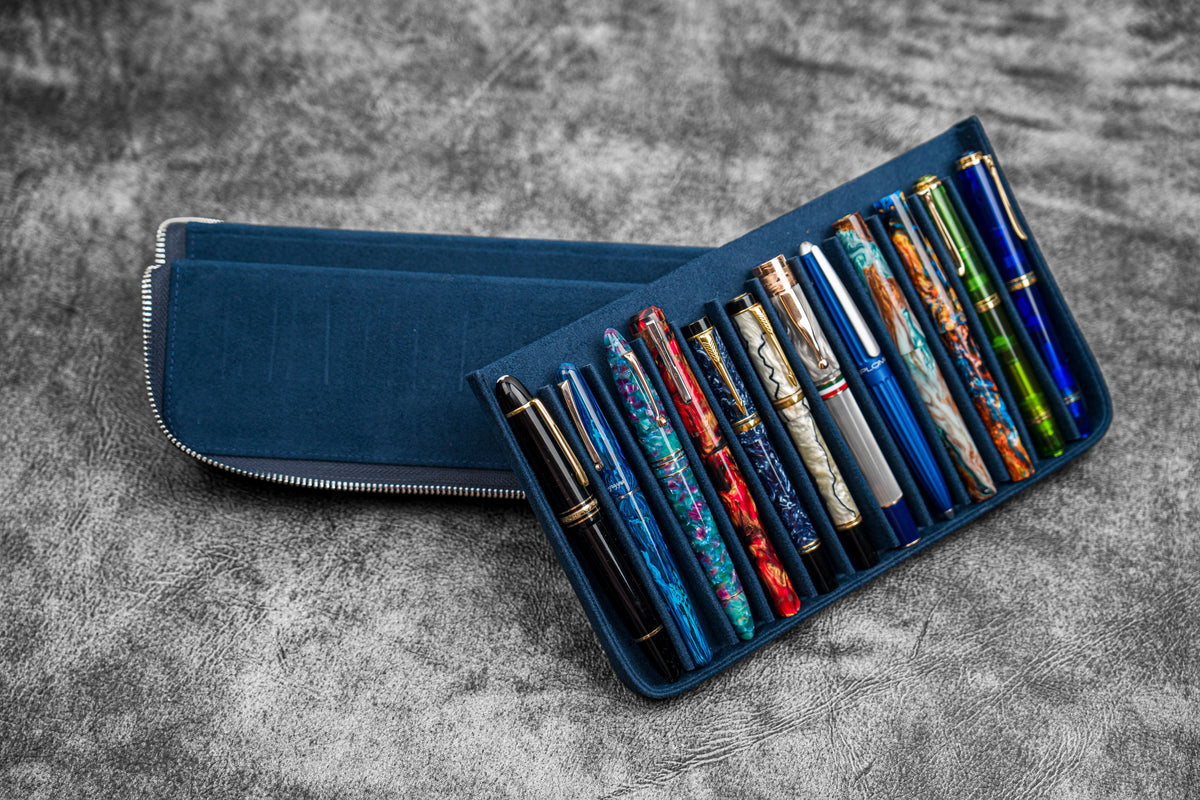 Galen Leather Zippered 12 Slots Magnum Opus Pen Case - Crazy Navy Blue (with Removable Pen Tray)