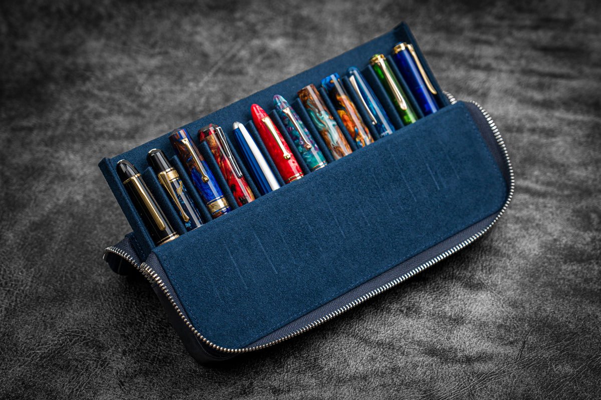 Galen Leather Zippered 12 Slots Magnum Opus Pen Case - Crazy Navy Blue (with Removable Pen Tray)