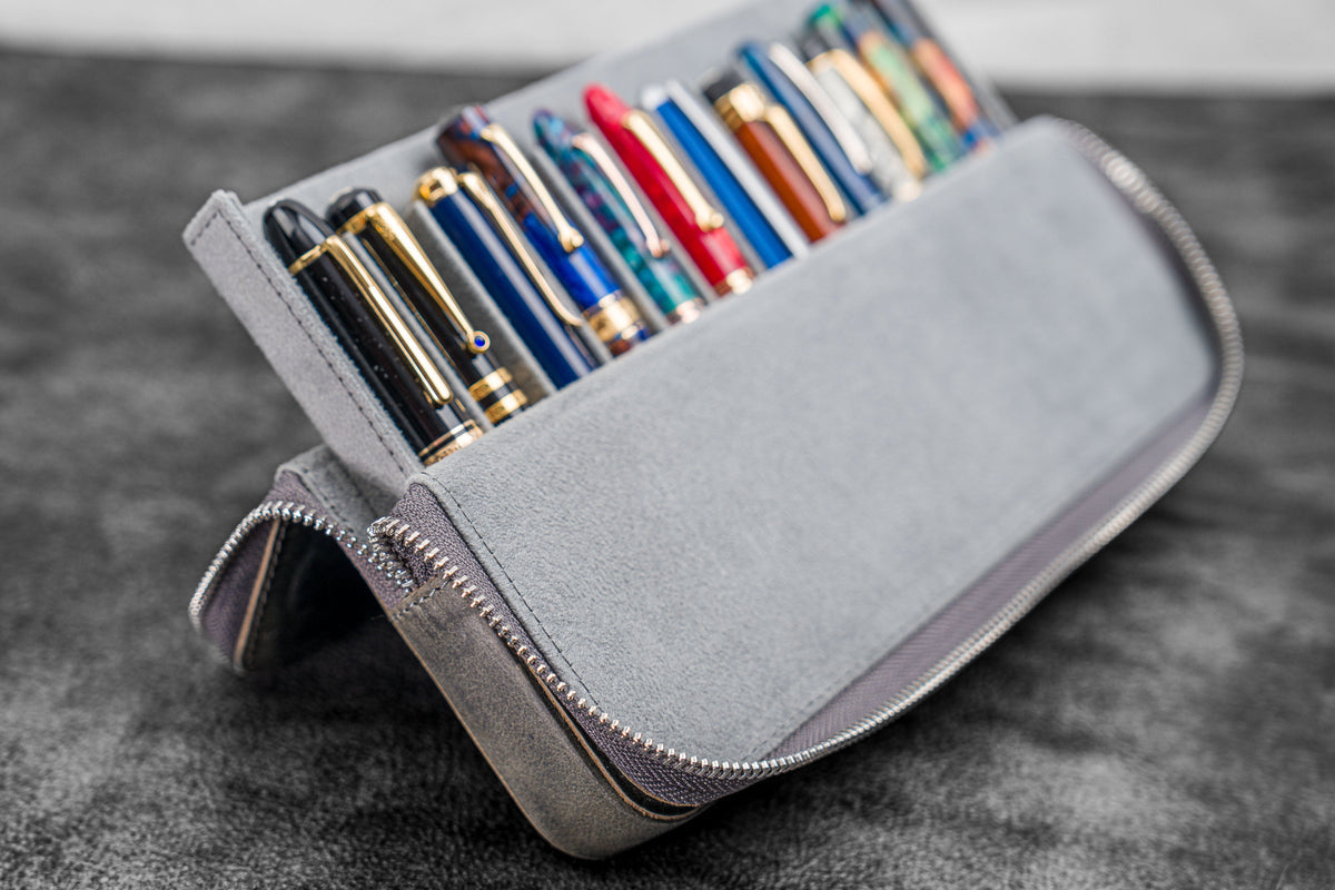 Galen Leather Zippered 12 Slots Magnum Opus Pen Case - Crazy Smoky (with Removable Pen Tray)