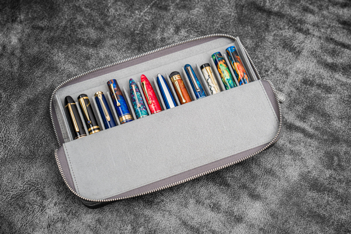 Galen Leather Zippered 12 Slots Magnum Opus Pen Case - Crazy Smoky (with Removable Pen Tray)