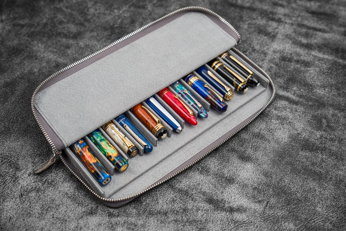 Galen Leather Zippered 12 Slots Magnum Opus Pen Case - Crazy Smoky (with Removable Pen Tray)