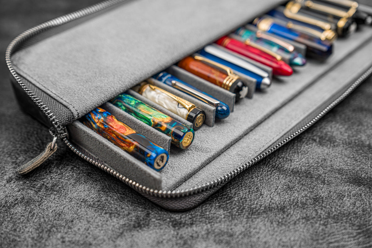 Galen Leather Zippered 12 Slots Magnum Opus Pen Case - Crazy Smoky (with Removable Pen Tray)