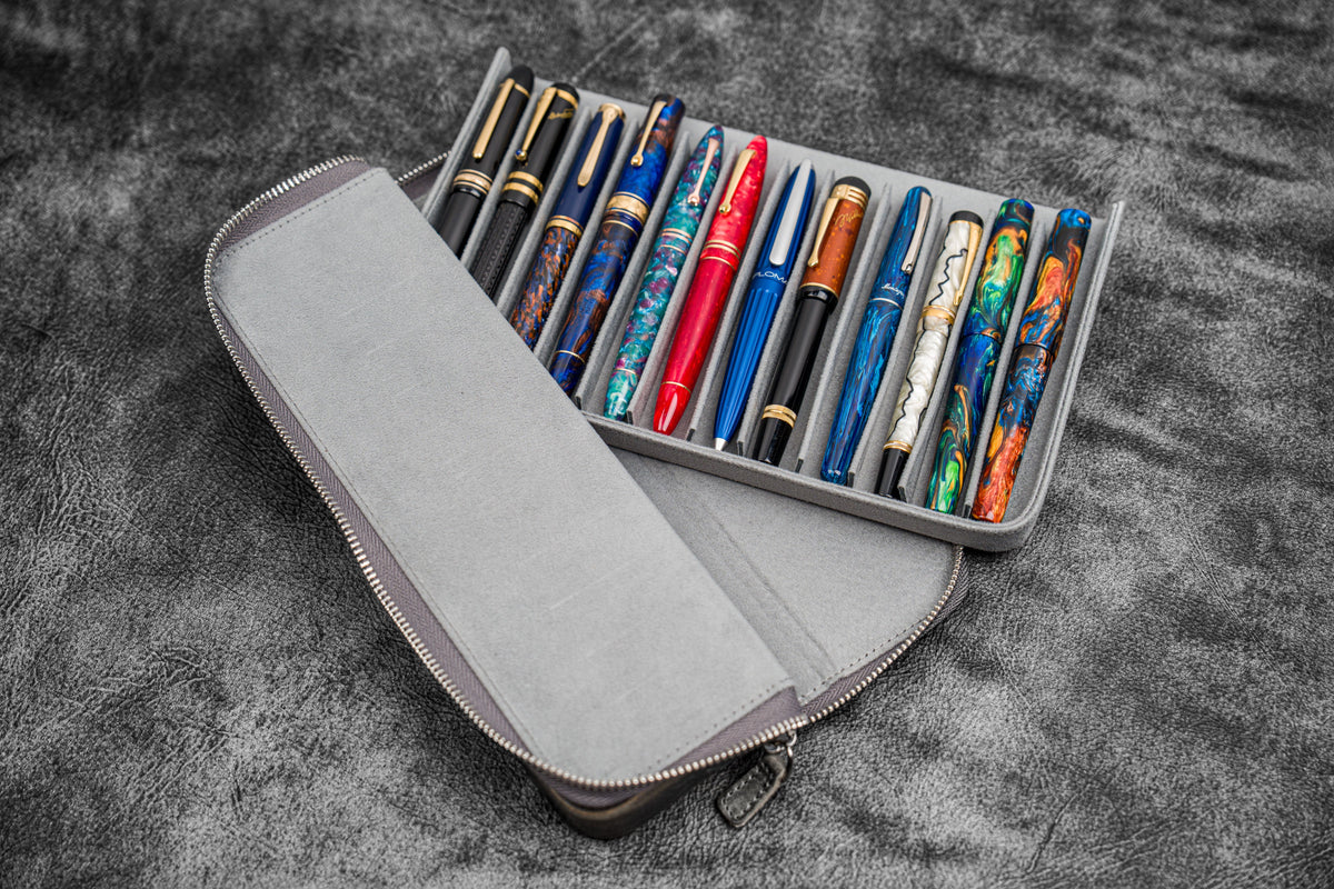 Galen Leather Zippered 12 Slots Magnum Opus Pen Case - Crazy Smoky (with Removable Pen Tray)