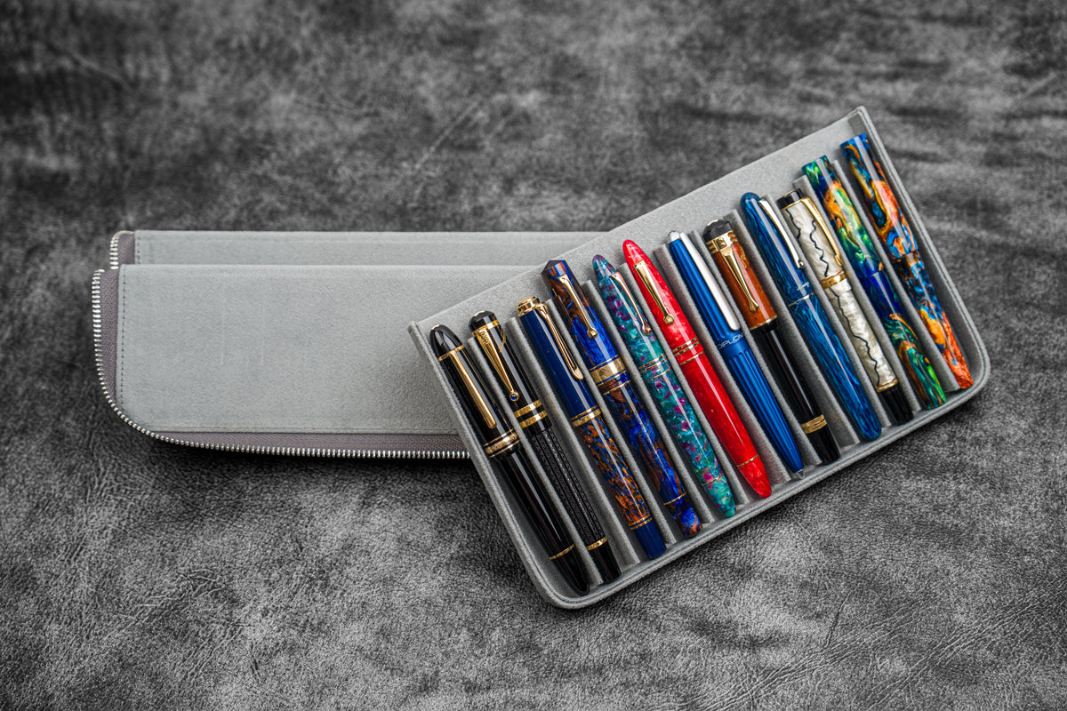 Galen Leather Zippered 12 Slots Magnum Opus Pen Case - Crazy Smoky (with Removable Pen Tray)