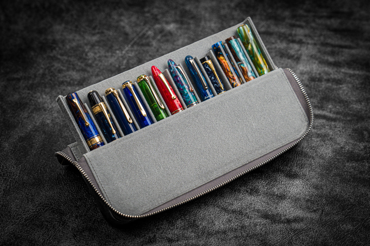 Galen Leather Zippered 12 Slots Magnum Opus Pen Case - Crazy Smoky (with Removable Pen Tray)