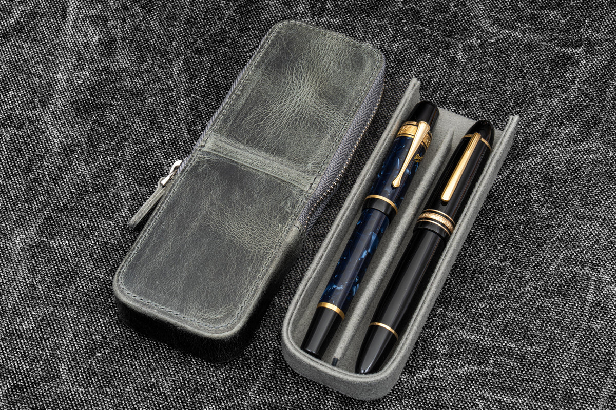Galen Leather 2 Slot Zippered Magnum Opus Pen Case - Crazy Horse Smoky (with Removable Pen Tray)