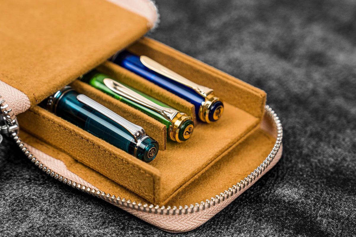 Galen Leather 3 Slot Zippered Magnum Opus Pen Case - Undyed Leather (with Removable Pen Tray)