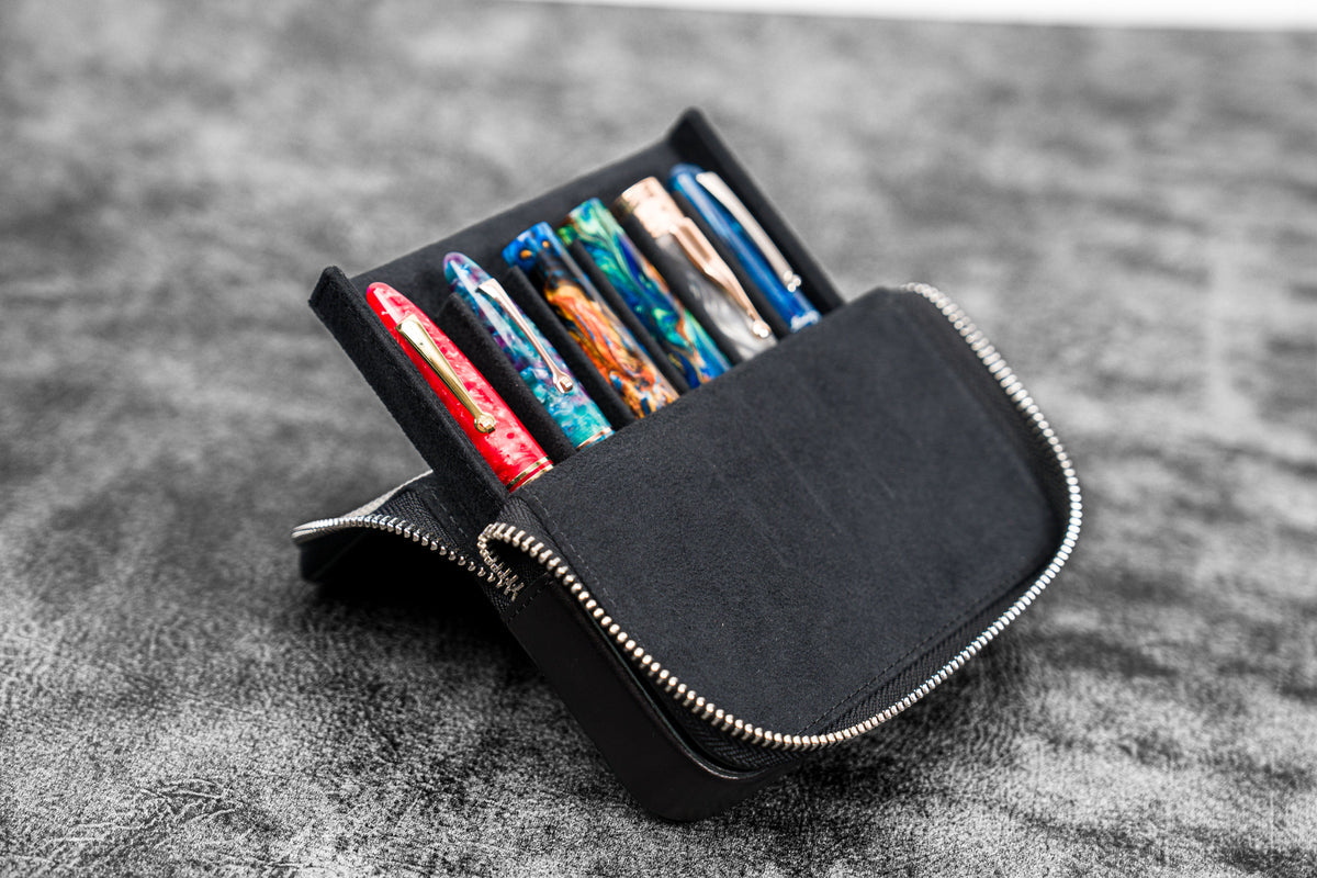 Galen Leather Zippered 6 Slots Magnum Opus Pen Case - Black