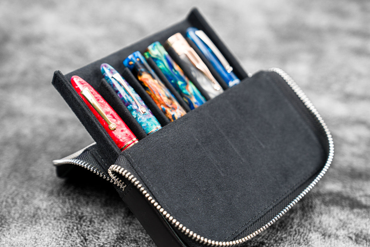 Galen Leather Zippered 6 Slots Magnum Opus Pen Case - Black