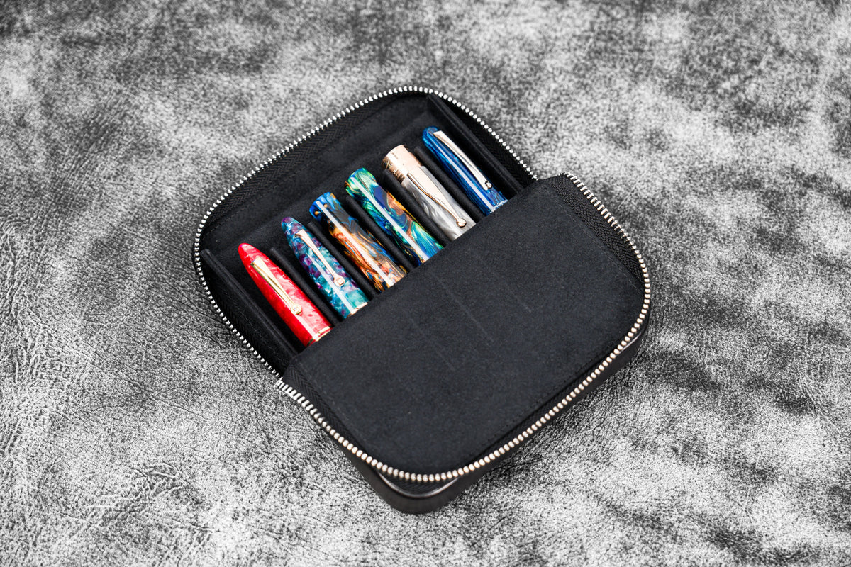 Galen Leather Zippered 6 Slots Magnum Opus Pen Case - Black