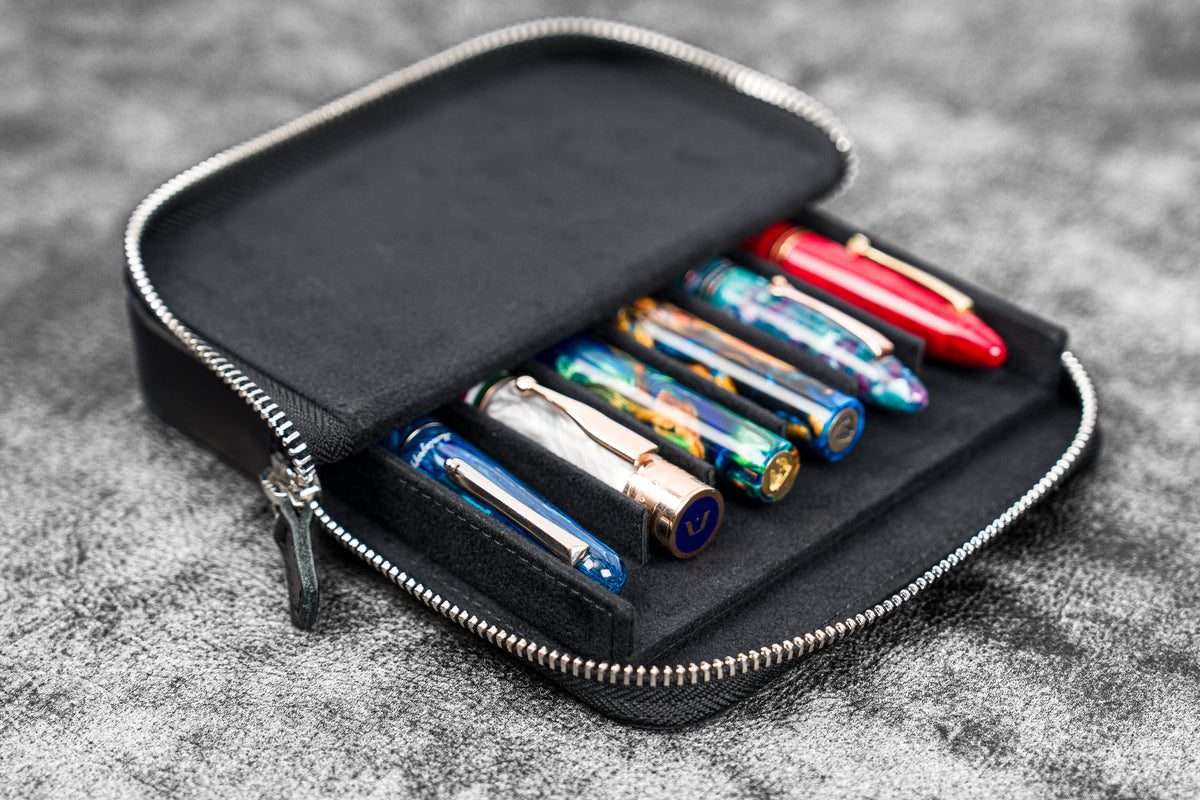 Galen Leather Zippered 6 Slots Magnum Opus Pen Case - Black
