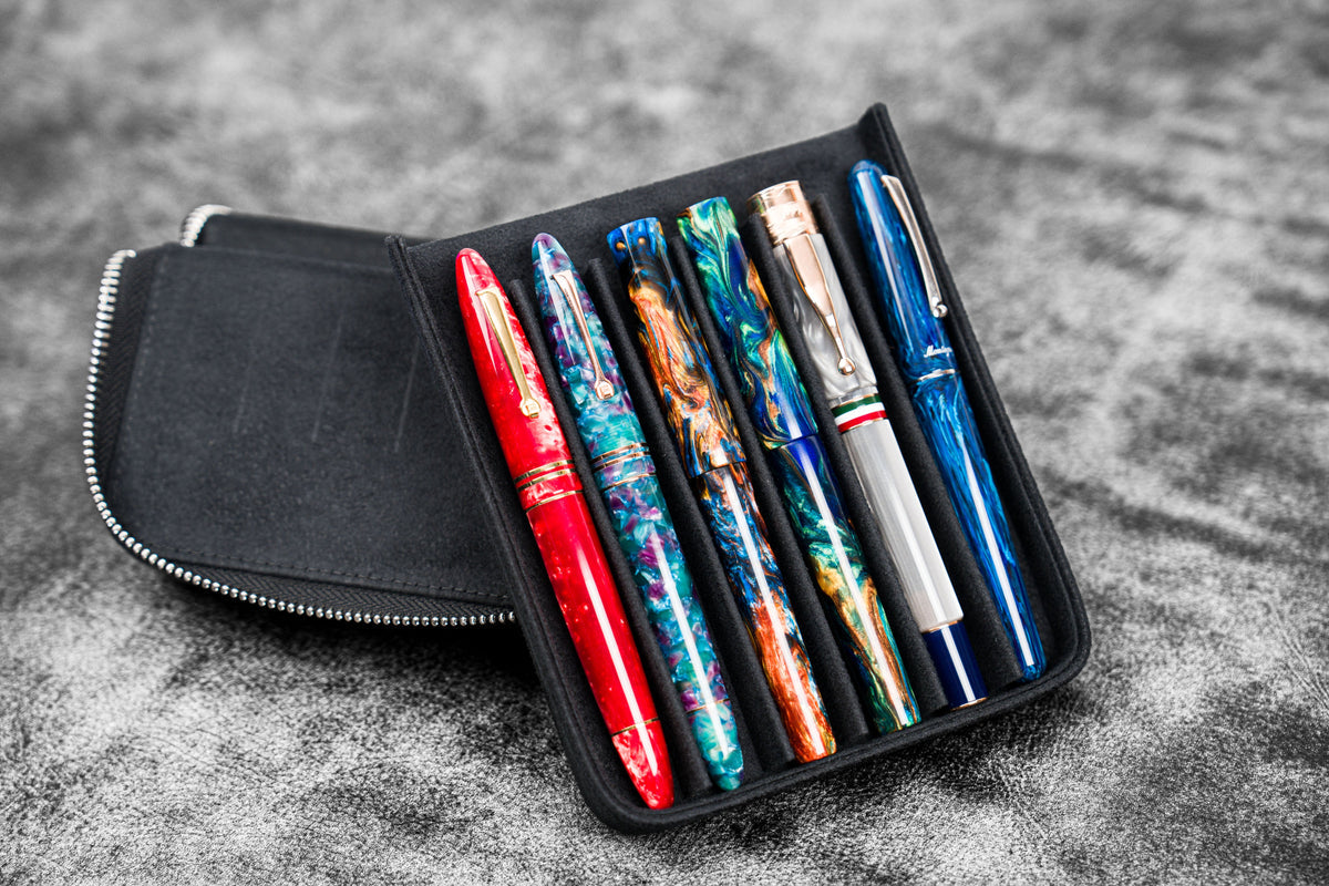 Galen Leather Zippered 6 Slots Magnum Opus Pen Case - Black