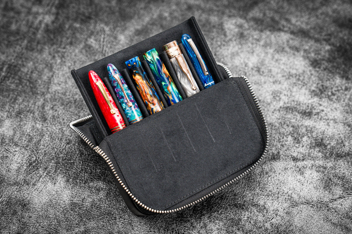 Galen Leather Zippered 6 Slots Magnum Opus Pen Case - Black