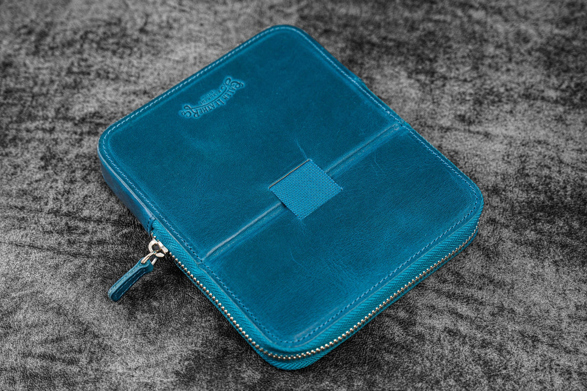 Galen Leather Zippered 6 Slots Magnum Opus Pen Case - Crazy Horse Ocean Blue