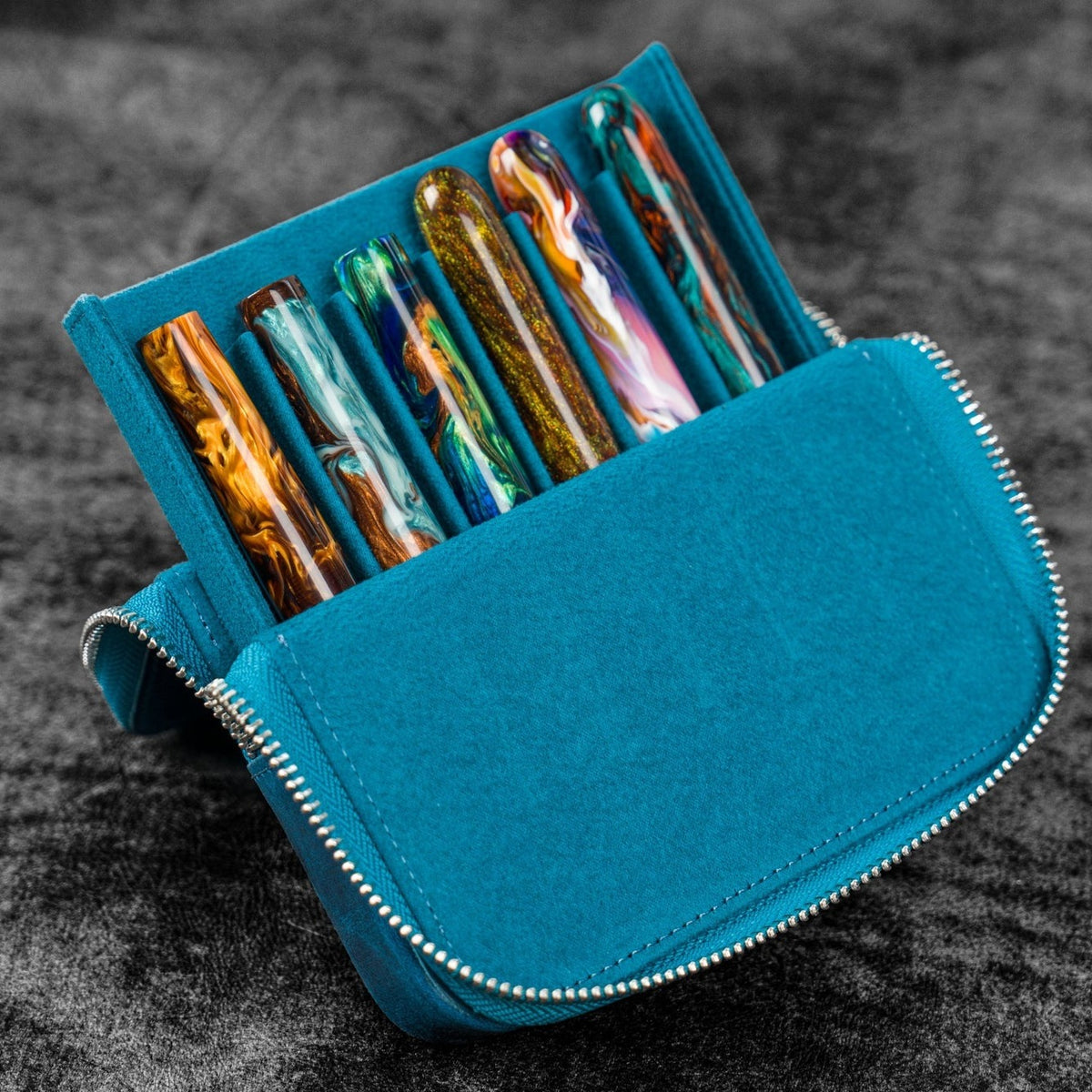 Galen Leather Zippered 6 Slots Magnum Opus Pen Case - Crazy Horse Ocean Blue