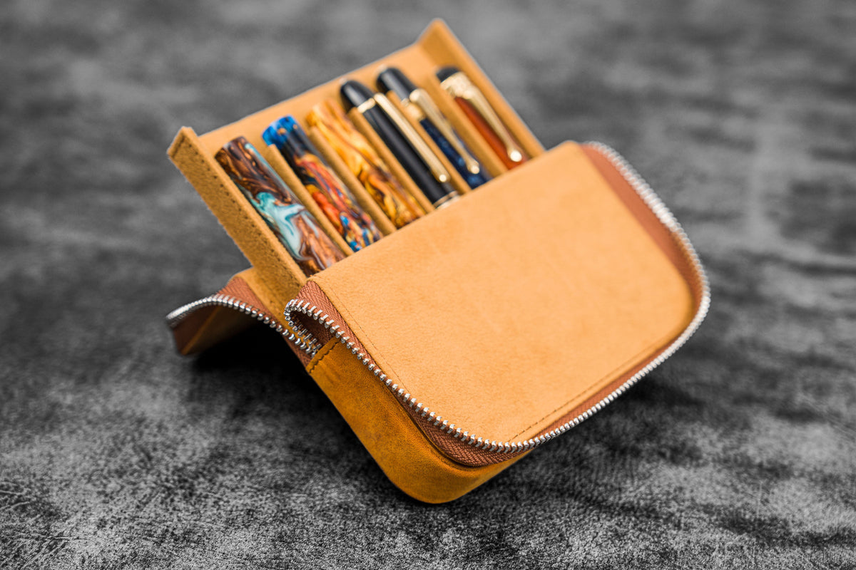 Galen Leather Zippered 6 Slots Magnum Opus Pen Case - Crazy Horse Brown