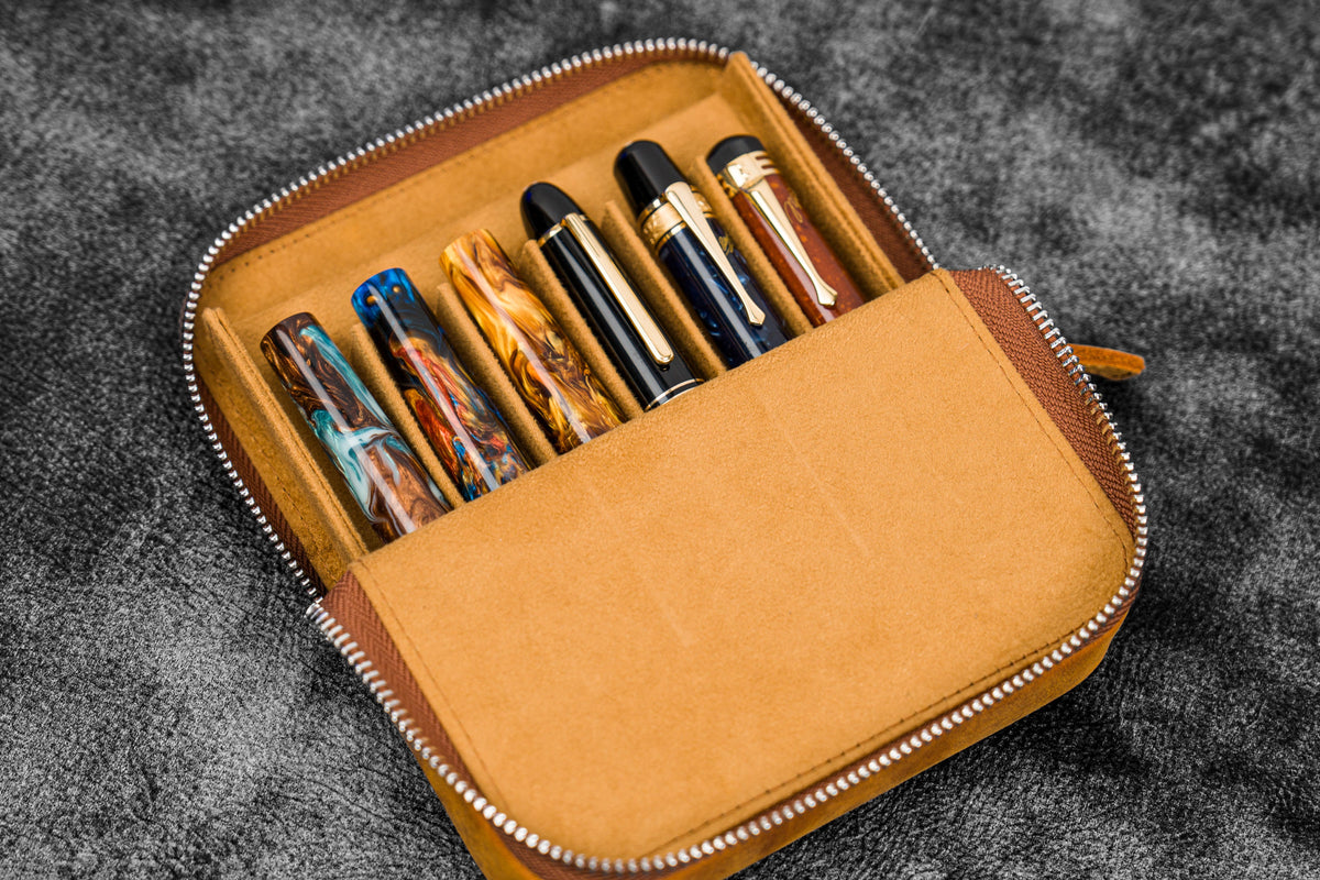 Galen Leather Zippered 6 Slots Magnum Opus Pen Case - Crazy Horse Brown