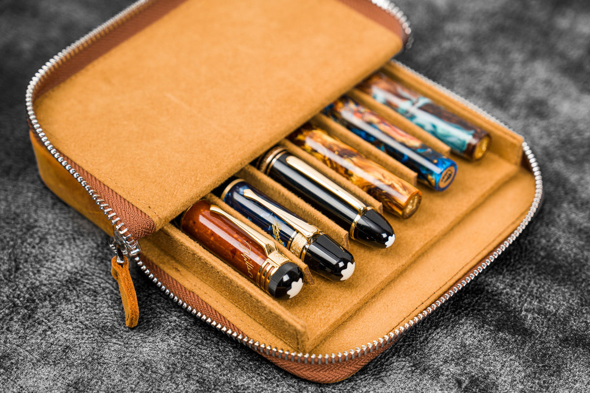 Galen Leather Zippered 6 Slots Magnum Opus Pen Case - Crazy Horse Brown