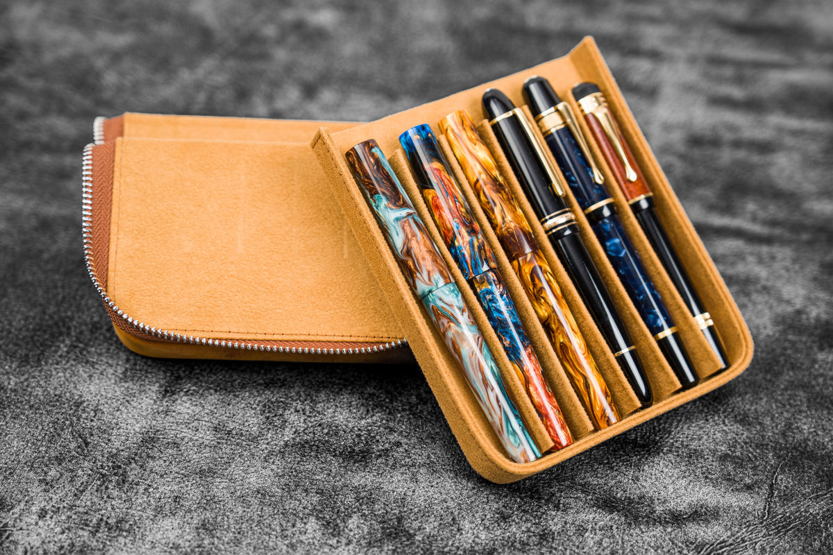 Galen Leather Zippered 6 Slots Magnum Opus Pen Case - Crazy Horse Brown