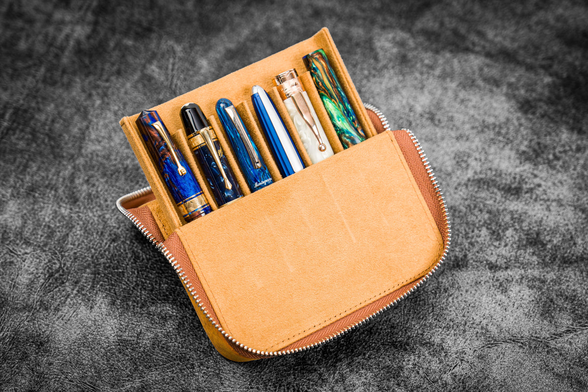 Galen Leather Zippered 6 Slots Magnum Opus Pen Case - Crazy Horse Brown